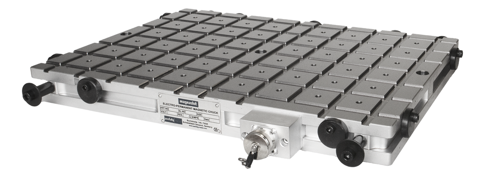 Magnaslot 50 electropermanent magnetic chuck showing its square-pole steel clamping surface